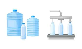 Drinking Water Poured in Plastic Bottles and Moving on Conveyor Belt Set vector