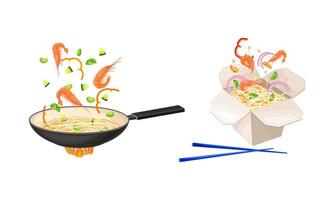 Chinese Udon Noodle Stir-frying in Wok Pan on Burner and Open Cardboard Box Set vector