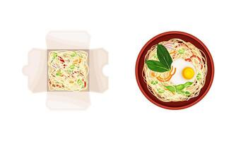Cooked Noodle Served in Bowl and Garnished with Herbs and in Cardboard Box Above View Set vector
