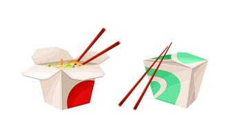 Open and Closed Cardboard Box with Chopsticks and Chinese Udon Noodle Set vector