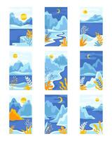 Blue Day and Night Abstract Landscape with Mountains and Sun with Crescent in the Sky Set vector