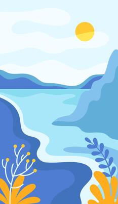 Blue Day Abstract Landscape with Mountains and Sun in the Sky Illustration
