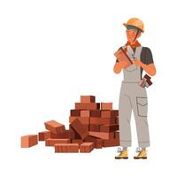 Man Builder Character Laying Bricks with Trowel Illustration vector