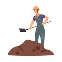 Man Builder Character with Shovel Standing Near Pile of Soil Illustration vector