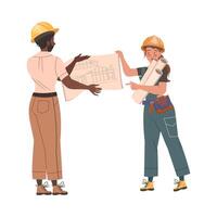 Man and Woman Builder Character Examining Blue Print or Draft of Building Project Illustration vector