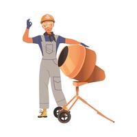 Man Builder Character Showing Ok Sign Standing Near Cement Mixer Illustration vector