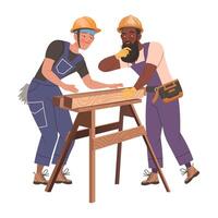 Man Builder Character Building House Working with Wood and Timber Material Illustration vector