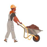 Bearded Man Builder Character Pulling Wheelbarrow with Soil Illustration vector