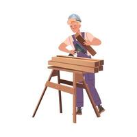Smiling Man Builder Character with Drill and Wood Material Building House Illustration vector