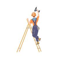 Man Builder Character Standing on Ladder with Drill Building House Illustration vector