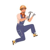 Smiling Man Builder Character with Hammer and Nail Building House Illustration vector