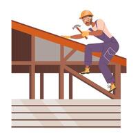 Smiling Man Builder Character with Hammer Sitting on Roof Top Building House Illustration vector