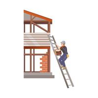 Man Builder Character with Toolbox Climbing Up the Ladder to House Roof Top Illustration vector