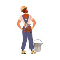 Man Builder Character Standing Near Bucket Looking Up Illustration vector