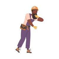 Bearded Smiling Man Builder Character Standing in Protective Gloves Illustration vector