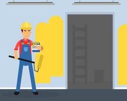 Man Builder Character in Yellow Hard Hat with Paint Roller and Bucket Coloring Wall at Construction Site Engaged in House Building Illustration vector
