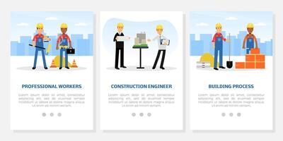 Construction Engineer and Civil Building with Man Builder Character in Yellow Hard Hat at Construction Site Web Banner Template vector
