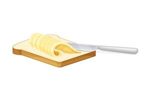 Toast bread with knife and curled slice of butter on it. Natural dairy product on toast illustration vector