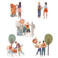 People using contactless payment for buying at store set. Buyers scanning qr codes and paying by smartphone app cartoon illustration vector