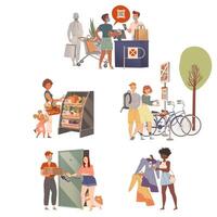 People using contactless payment for buying at store set. Buyers using digital banking services and paying by smartphone app cartoon illustration vector
