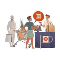 People using contactless mobile payment system, scanning qr code at supermarket. Digital banking service cartoon illustration vector