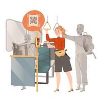 Woman using contactless mobile payment system, scanning qr code at bus. Digital banking service cartoon illustration vector
