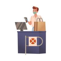 Supermarket store counter cashier with pos reader. Digital banking service, wireless NFC technology cartoon illustration vector