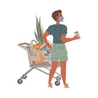 Man with shopping cart buying groceries and paying with NFC phone at cash register. Digital banking service, wireless NFC technology cartoon illustration vector