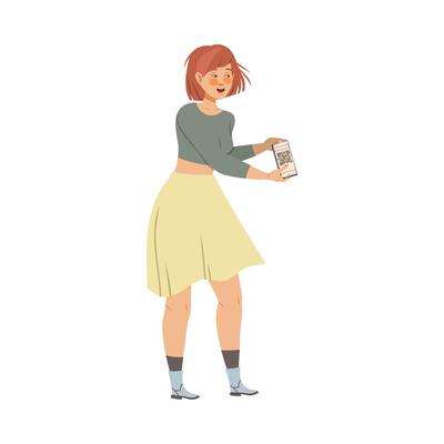 Girl scanning qr code with smartphone using contactless payment for buying cartoon illustration