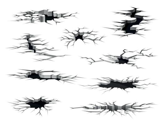 Fractures on land surface set. Black faults on ground, disaster or drought crevices illustration