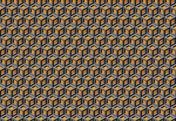 Abstract geometric background. Intricate pattern of interlocking cubes in shades of gray and orange. Perfect for website design, textile prints, or modern branding.