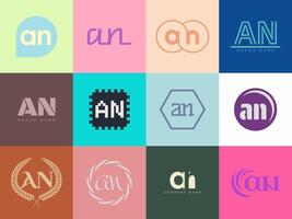 AN logo template. Letter a and n logotype. Set different classic serif lettering and modern bold text with design elements. Initial font typography. vector
