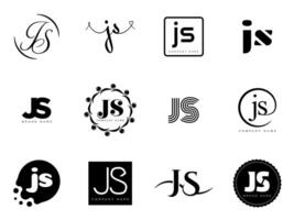 JS logo template. Letter j and s logotype. Set different classic serif lettering and modern bold text with design elements. Initial font typography. vector