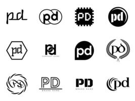 PD logo template. Letter p and d logotype. Set different classic serif lettering and modern bold text with design elements. Initial font typography. vector