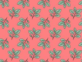 Delightful coral background adorned with a repeating pattern of stylized teal leaves. vector