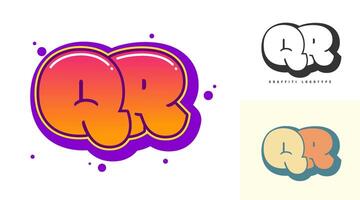 QR logo design for festival or party. Initial letter q and r in graffiti style. Creative modern lettering company name of font typography. Kids trendy logotype or identity. vector