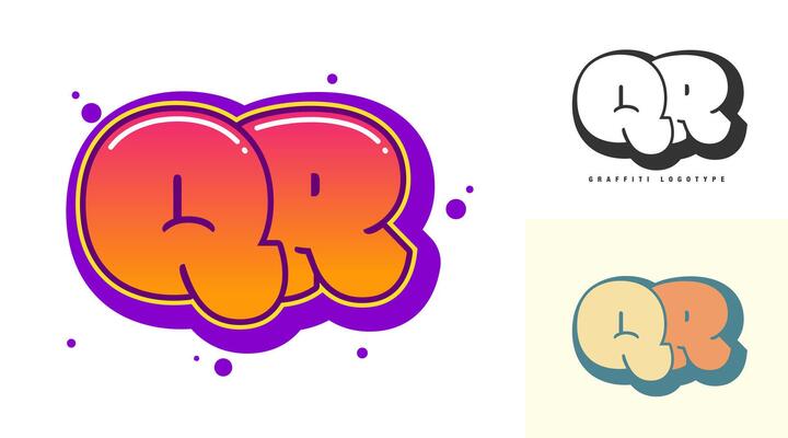 QR logo design for festival or party. Initial letter q and r in graffiti style. Creative modern lettering company name of font typography. Kids trendy logotype or identity.