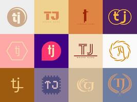 TJ logo company template. Letter t and j logotype. Set different classic serif lettering and modern bold text with design elements. Initial font typography. vector