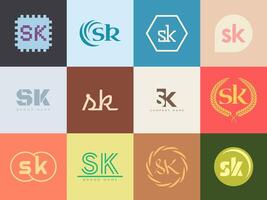 SK logo company template. Letter s and k logotype. Set different classic serif lettering and modern bold text with design elements. Initial font typography. vector