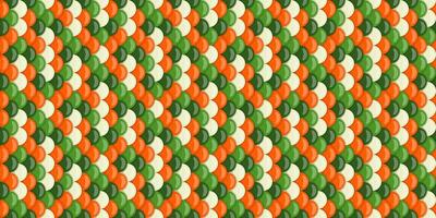 Vibrant, repeating pattern of overlapping circles in green, orange, and cream. Ideal for festive designs, textiles, packaging, and digital projects. vector