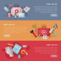 First Aid Kit Landing Page Templates Set, Box with Medical Equipment and Medications Horizontal Banners, Emergency Service Tools Web Page, Mobile App, Homepage Illustration vector