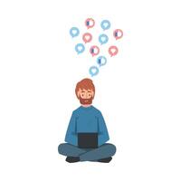 Bearded Man Sitting on the Floor with Laptop Computer, Person Using Gadget to Communicating, Surfing the Internet Illustration vector