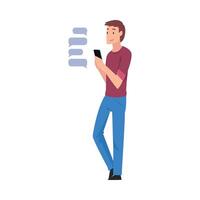 Guy Standing with Smartphone, Young Man hatting Via Internet Using Digital Gadget Illustration vector