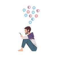 Guy Sitting on the Floor with Smartphone, Side View, Bearded Young Man Using Gadget to Communicating, Surfing the Internet Illustration vector