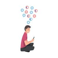 Guy Sitting on the Floor with Crossed Legs and Using Smartphone to Communicating, Surfing the Internet Illustration vector