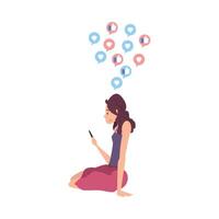 Girl Sitting on the Floor with Smartphone, Person Using Gadget to Communicating, Surfing the Internet Illustration vector