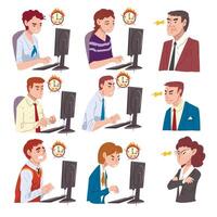 Stressed Business People Working Overtime at Deadline Set, Overloaded Office Workers Working Hard Solving Business Problems Illustration vector