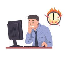 Stressed Office Worker Working Overtime at Deadline, Overworked Businessman Sitting at Workplace in Office Illustration vector