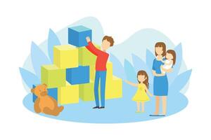 Parents and Kids Playing Together, Dad Building Pyramid of Big Toy Blocks vector