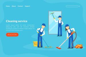 Cleaning Service Landing Page Template, Professional Workers in Uniform Cleaning Window and Mopping Floor Flat Style Illustration vector